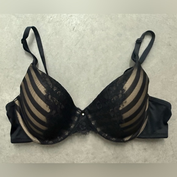 Maidenform Black & Beige Stripe Padded Bra With Lace Trim And Rhinestone 36C - Picture 1 of 10